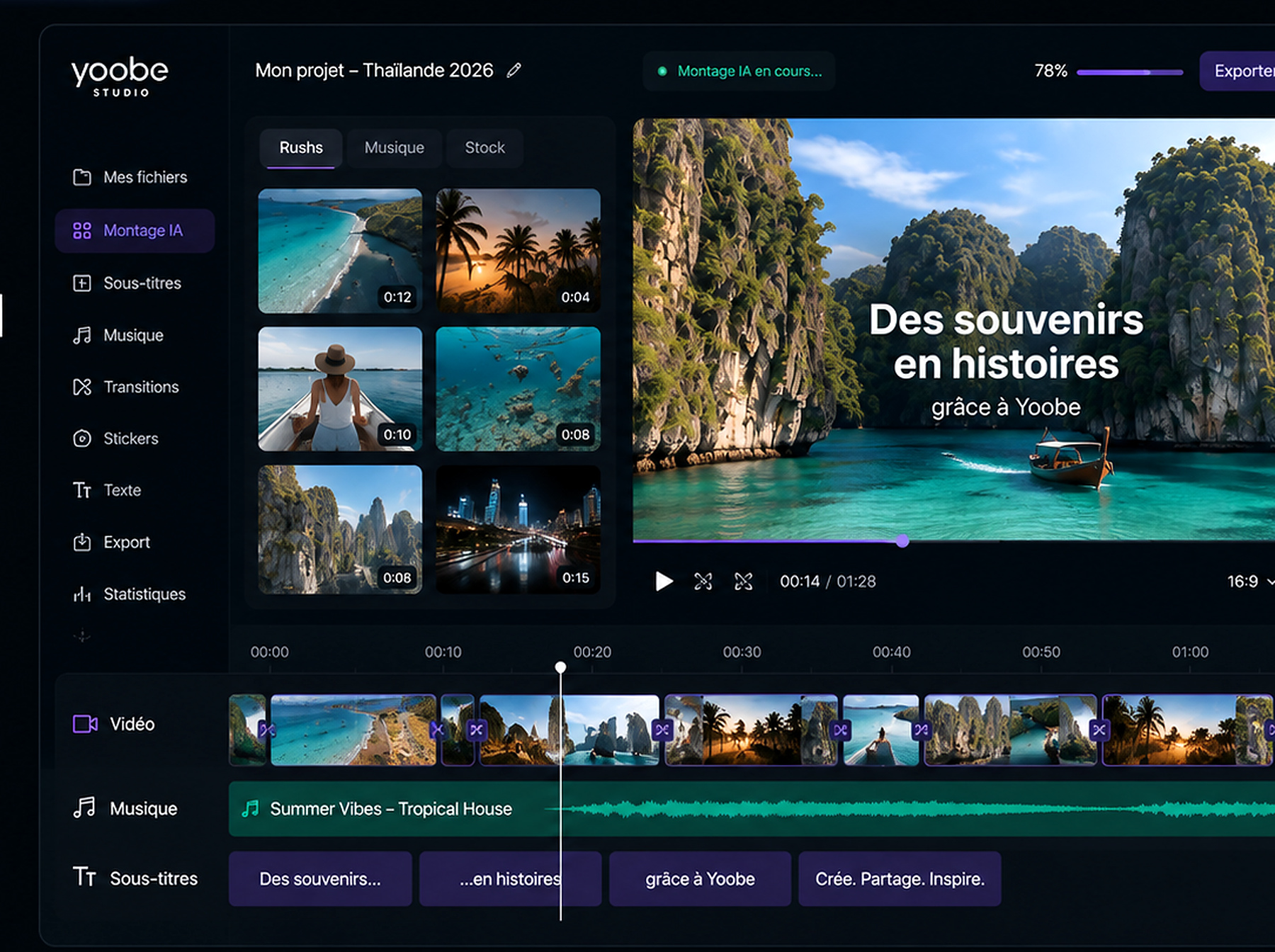 Interface fictive Timeline AI de Yoobe Studio
